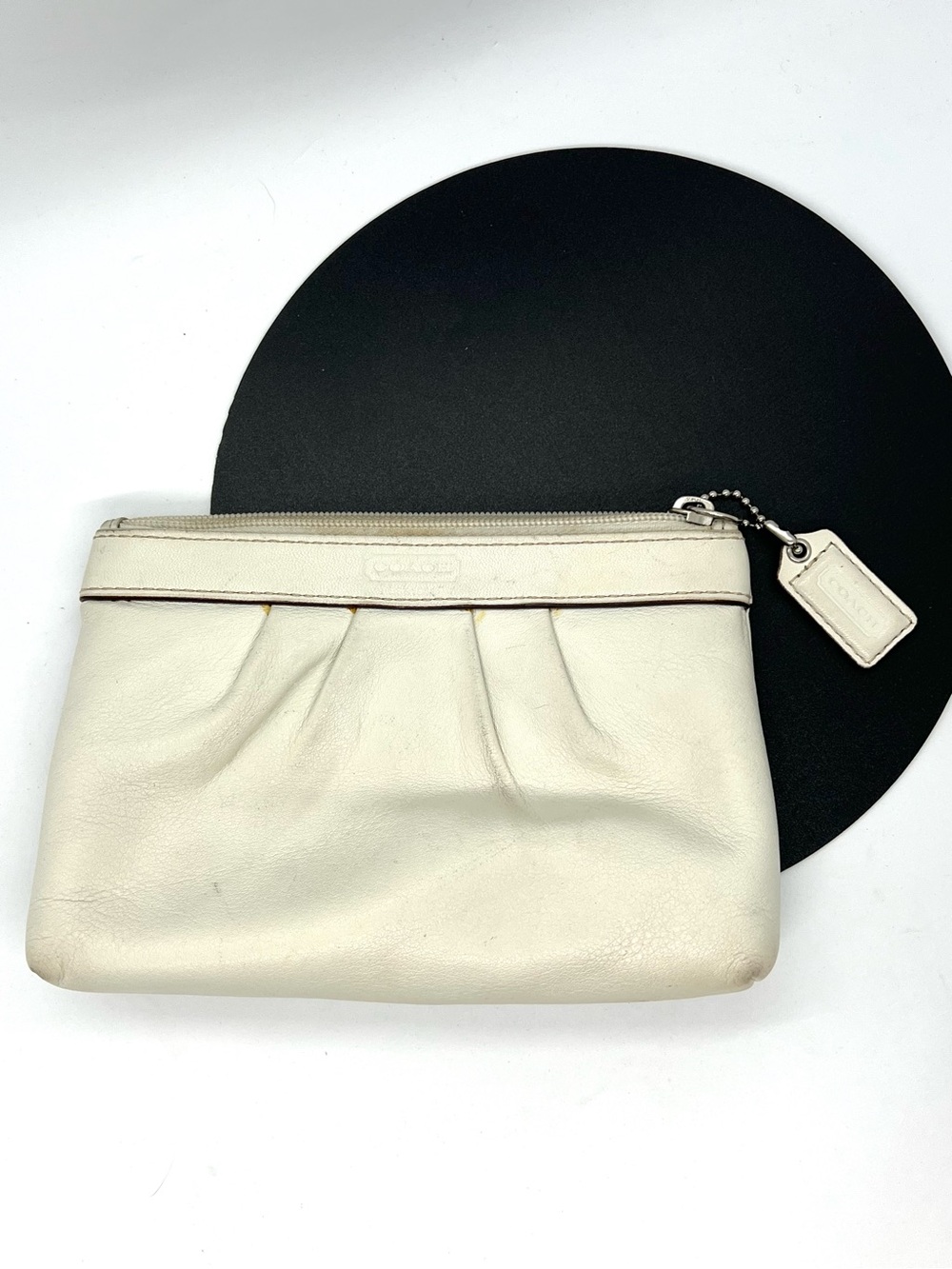 Coach Off White Pleated Leather Clutch Wristlet Pouch Hangtag Small Vintage